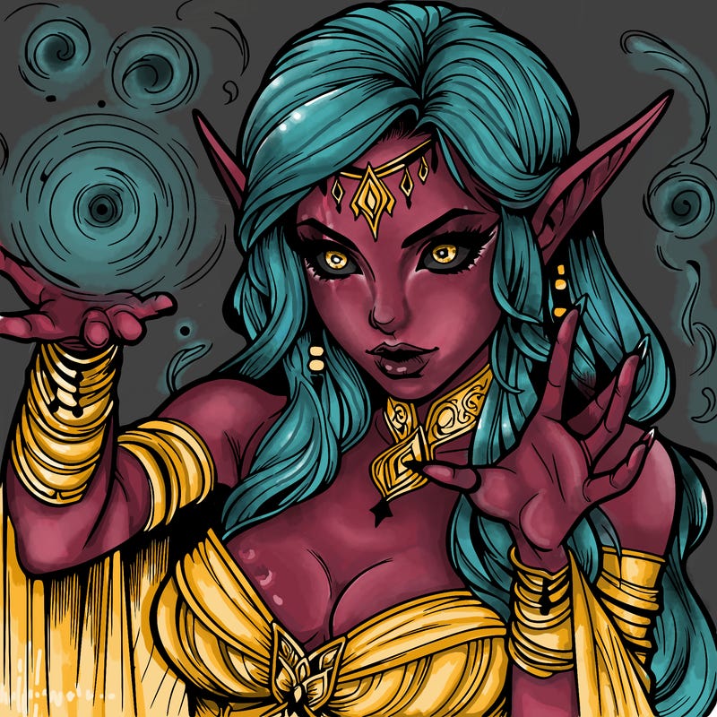 realistic scary beautiful elf sorceress casting spell