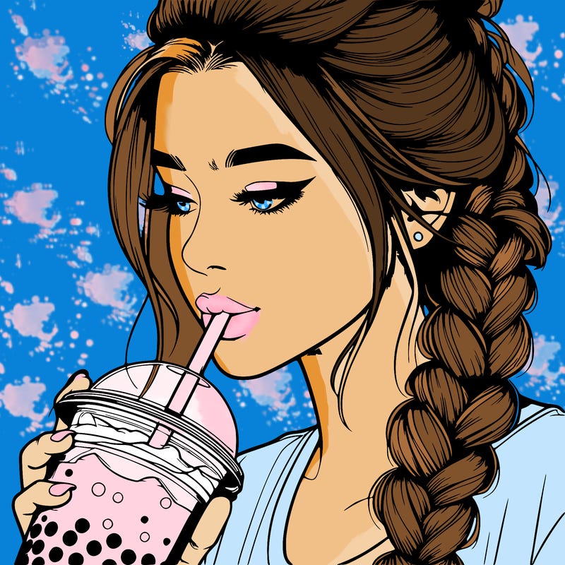 realistic girl drinking boba tea with braided hair