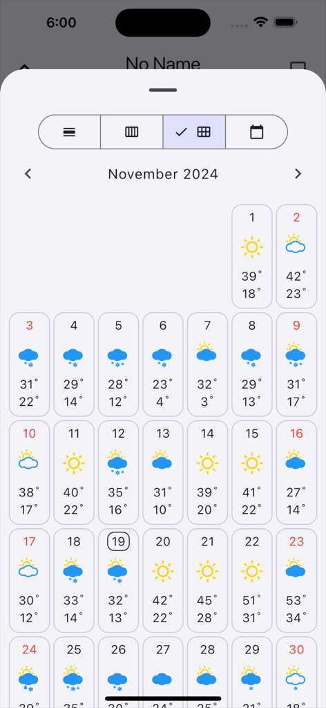 W.Weather - Monthly weather calendar showing daily temperatures and icons