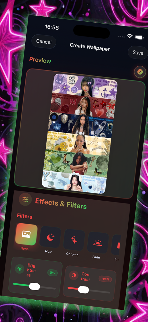 Katseye Wallpaper - Une interface mobile pour créer des fonds d'écran Katseye montrant un collage de photos et divers filtres d'édition comme Noir et Chrome.