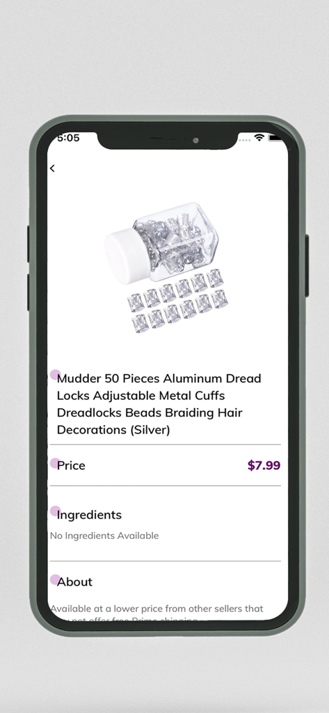 Curl Planet - Tela de detalhes do produto no aplicativo Curl Planet exibindo punhos prateados para dreadlocks e preço