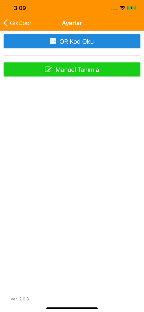 GikDoor - GikDoor settings screen with QR code scan and manual identification options