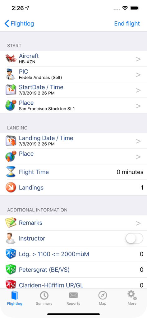 ROTAIR FlightLog - Digital flight log entry interface in the ROTAIR FlightLog app showing aircraft information and landing details