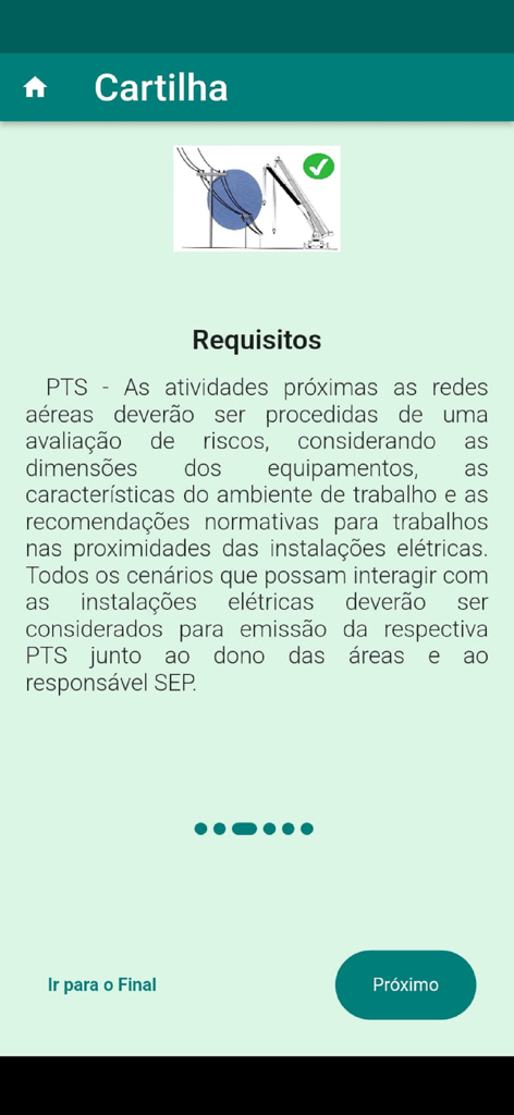 Zona Livre NR 10 - Educational screen showing safety requirements and crane distance illustration for NR 10 compliance