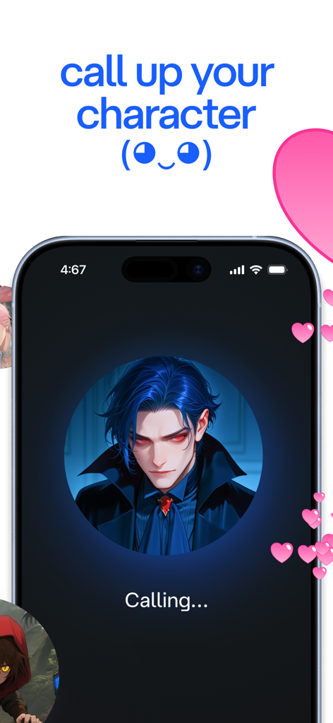 Écran de smartphone montrant un appel vocal actif vers un personnage d'anime aux cheveux bleus avec des cœurs roses flottants.