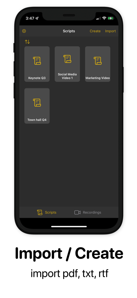 Telepromptme Script Scroller - Telepromptme app interface showing the script library with options to import or create files