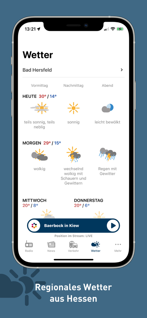 hr-iNFO App - A screenshot of the hr-iNFO app showing the regional weather forecast for Hesse.