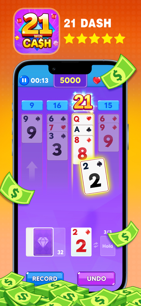Screenshot of 21 Dash card game interface in the Arena for Cash mobile app