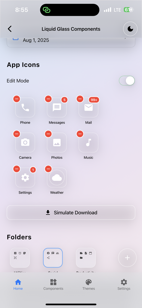 Captura de tela do app Flutter Liquid Glass Kit exibindo ícones de apps e componentes de UI no estilo glassmorphism