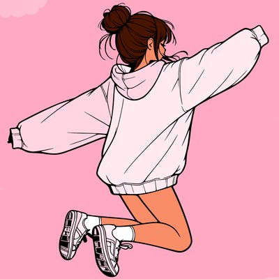 realistic girl jumping with a bun and oversized sweatshirt