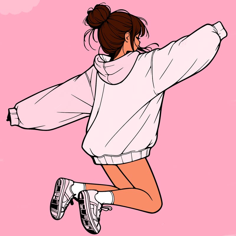 realistic girl jumping with a bun and oversized sweatshirt