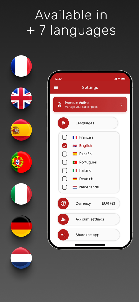 My wines cellar - Mobile app settings screen displaying language options with various national flags