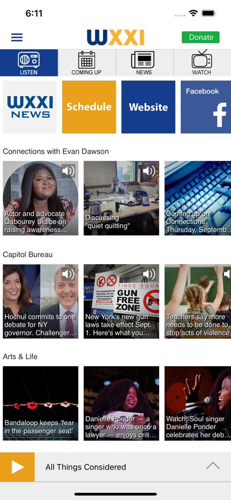 WXXI Public Media App - The home screen of the WXXI Public Media app featuring local Rochester news stories and an audio player for NPR programs