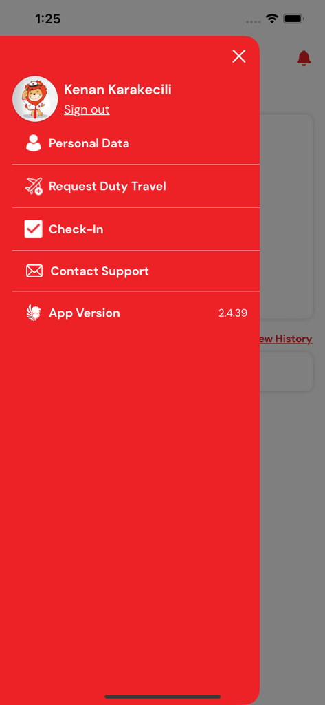 Lion Group Staff Portal - Side navigation menu of the Lion Group Staff Portal app displaying employee options like Request Duty Travel and Check-In