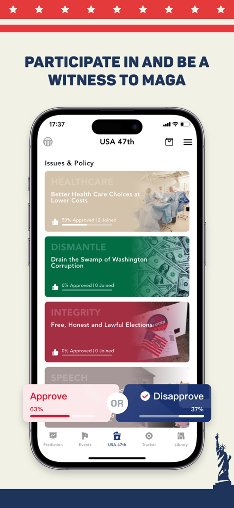 MAGA - Trump Tracker App - Interfaz de la aplicación MAGA Trump Tracker que muestra el seguimiento de políticas y encuestas interactivas de aprobación del usuario