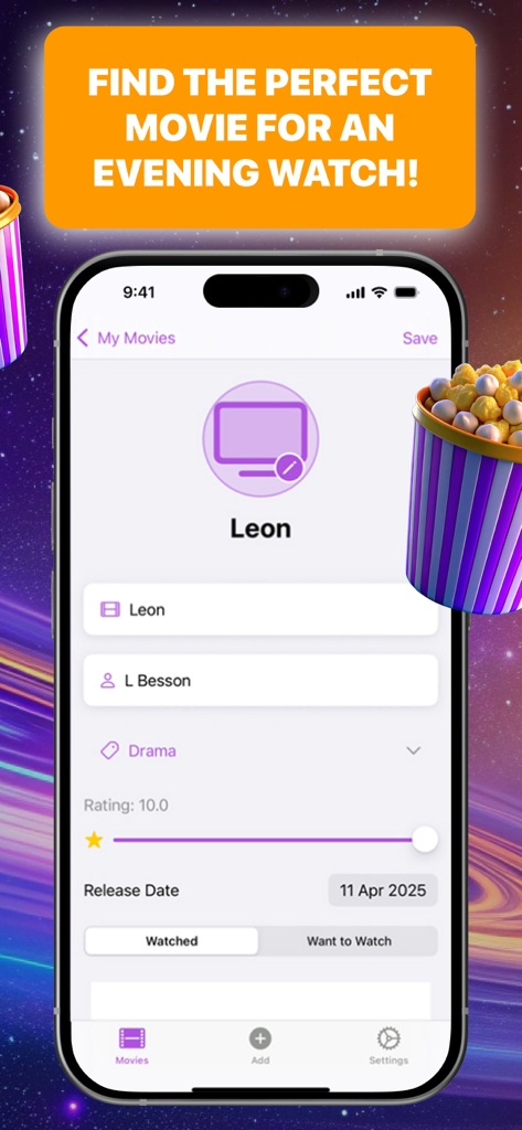 GаcpyJik:MovieMate - GаcpyJik MovieMate app screen showing details for the movie Leon with rating and release date