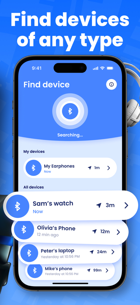 Air Tracker, Device Finder App - Mobile app interface showing a search for nearby Bluetooth devices with distance tracking