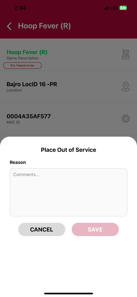 Intercard iService App - Mobile app interface showing a form to place an arcade machine out of service with a comment box