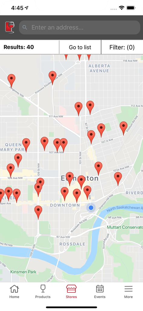 Map view of the Liquor Connect mobile app showing liquor store locations in Edmonton Alberta
