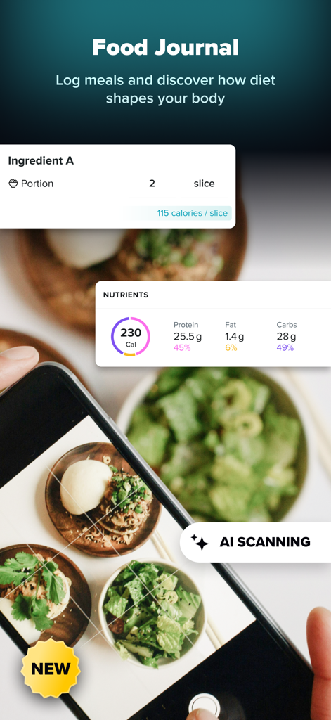 ZOZOFIT: 3D Body Scanner - ZOZOFIT app Food Journal interface showing AI meal scanning and nutrient tracking