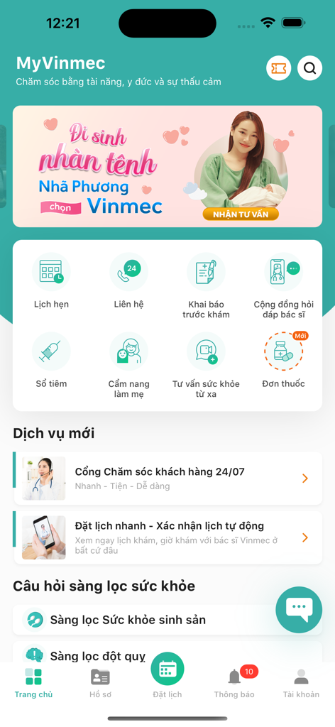 MyVinmec - Home screen of the MyVinmec healthcare app showing medical services and appointment booking