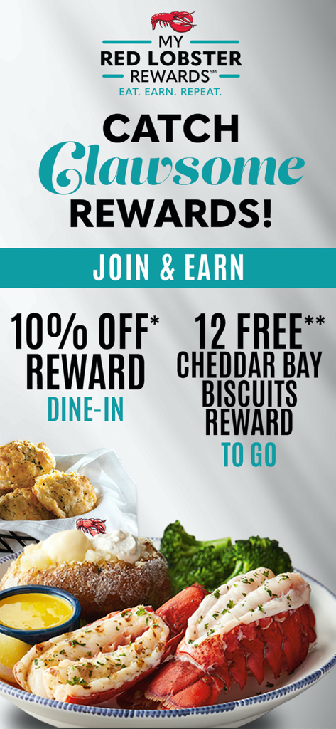 Promotional screen for Red Lobster Dining Rewards offering ten percent off dine in and twelve free cheddar bay biscuits to go with an image of a lobster meal.