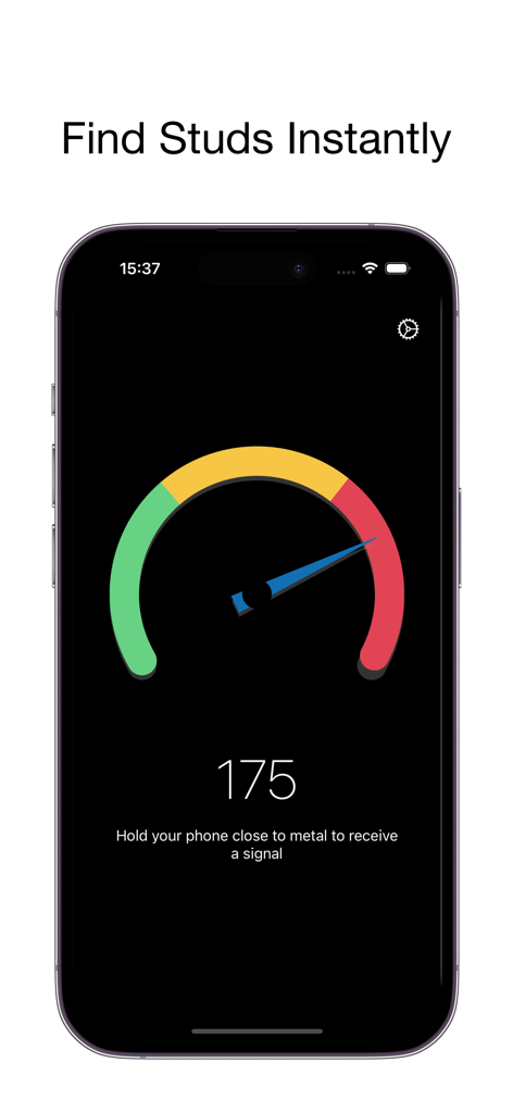 Stud Finder: Wall Detector - Oberfläche der Stud Finder App, die eine Echtzeit-Signalstärkemessung zur Erkennung von Metall und Ständern hinter einer Wand zeigt.