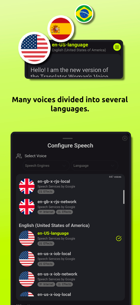 Interfaccia che mostra molteplici opzioni vocali in inglese e bandiere dei paesi per la conversione da testo a voce