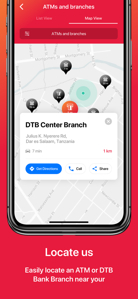 DTB Tanzania 24/7 - Mobile app screen showing a map view to locate DTB Tanzania bank branches and ATMs