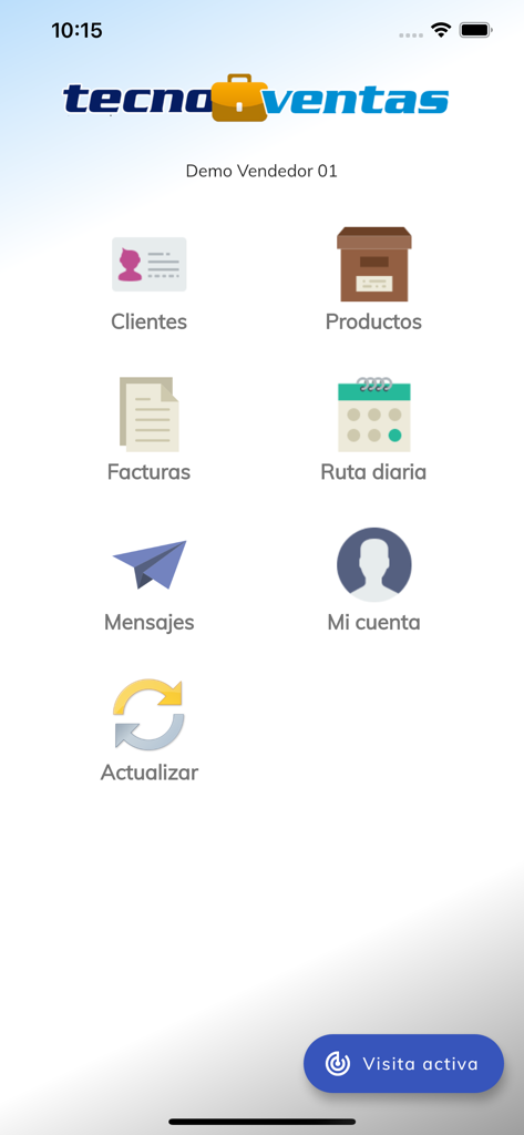 TecnoVentas - Panel principal de la aplicación TecnoVentas que muestra iconos para gestionar clientes, productos y rutas de ventas