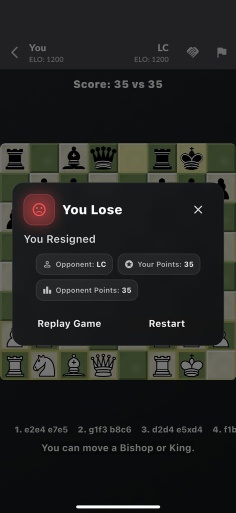 Ludo Chess: Roll the Dice - End game screen of Ludo Chess showing resignation status and final score