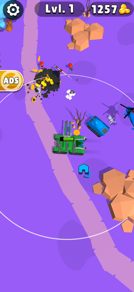 Top-down arcade gameplay showing a green tank destroying enemies and collecting gold coins on a purple battlefield