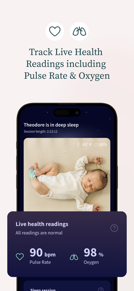 Owlet Dream - L'application Owlet Dream affichant les lectures de la fréquence cardiaque et des niveaux d'oxygène d'un bébé endormi en temps réel.