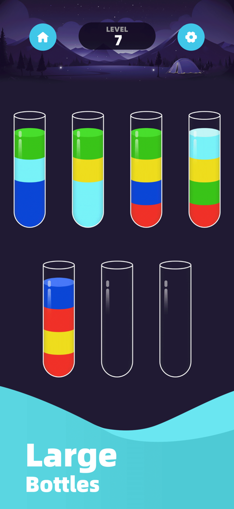 Water Sort Master-Color Puzzle - Water Sort Masterのゲームプレイ画面。レベル7には、山の夜景を背景に、ガラス管の中に様々な色の液体が表示されています。