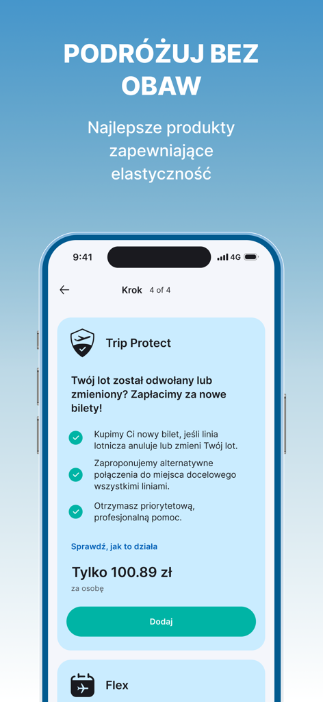 Mobile screen of the FRU travel app displaying the Trip Protect flight insurance feature with price and benefits.