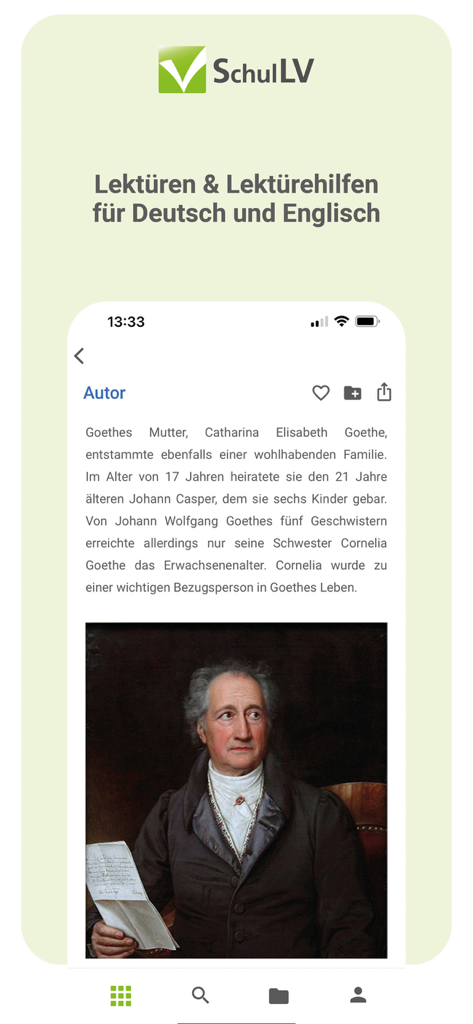 SchulLV - SchulLV App-Interface mit Literatur-Lernmaterialien und einer Biografie von Goethe auf einem Smartphone-Bildschirm.