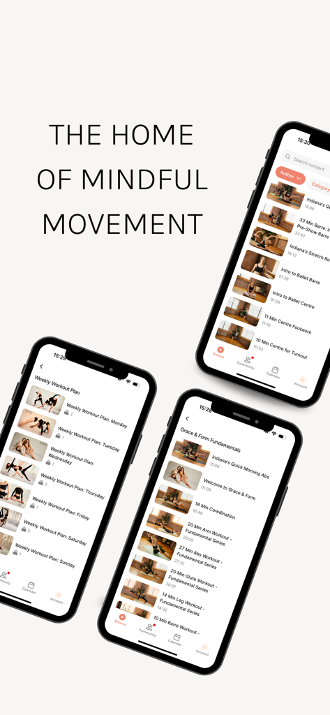 Drei Mobiltelefone, die die Benutzeroberfläche der Grace and Form App mit Ballett-inspirierten Trainingsplänen und Übungskursen anzeigen