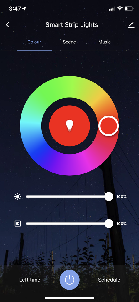 Maxim Smart app interface featuring a color wheel and brightness sliders for controlling smart strip lights.