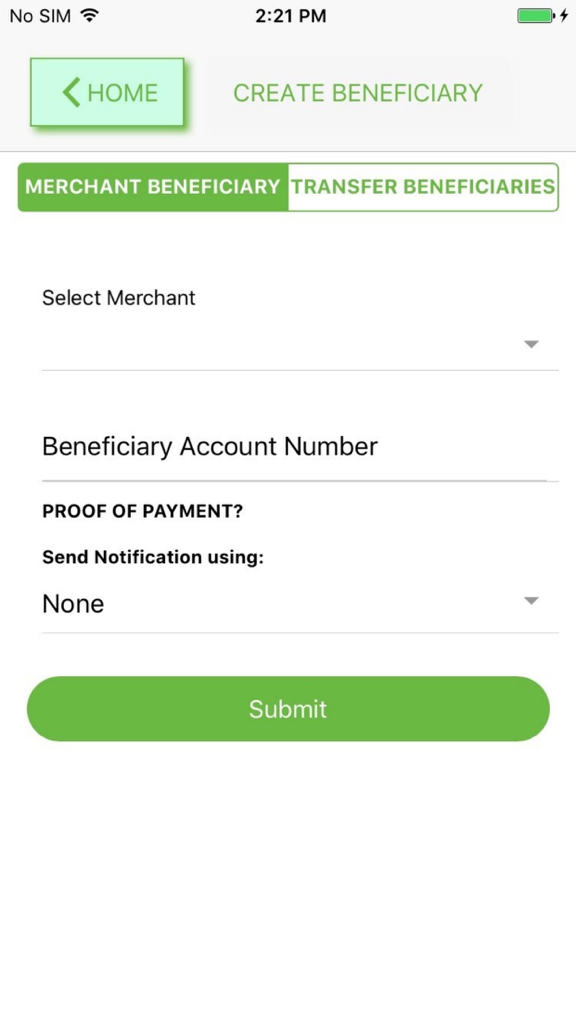 ZB eWallet - ZB eWallet app screen for creating a merchant beneficiary to pay bills