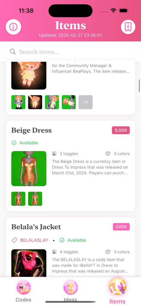 Catalog of clothing items and accessory codes in the Dress to Impress app