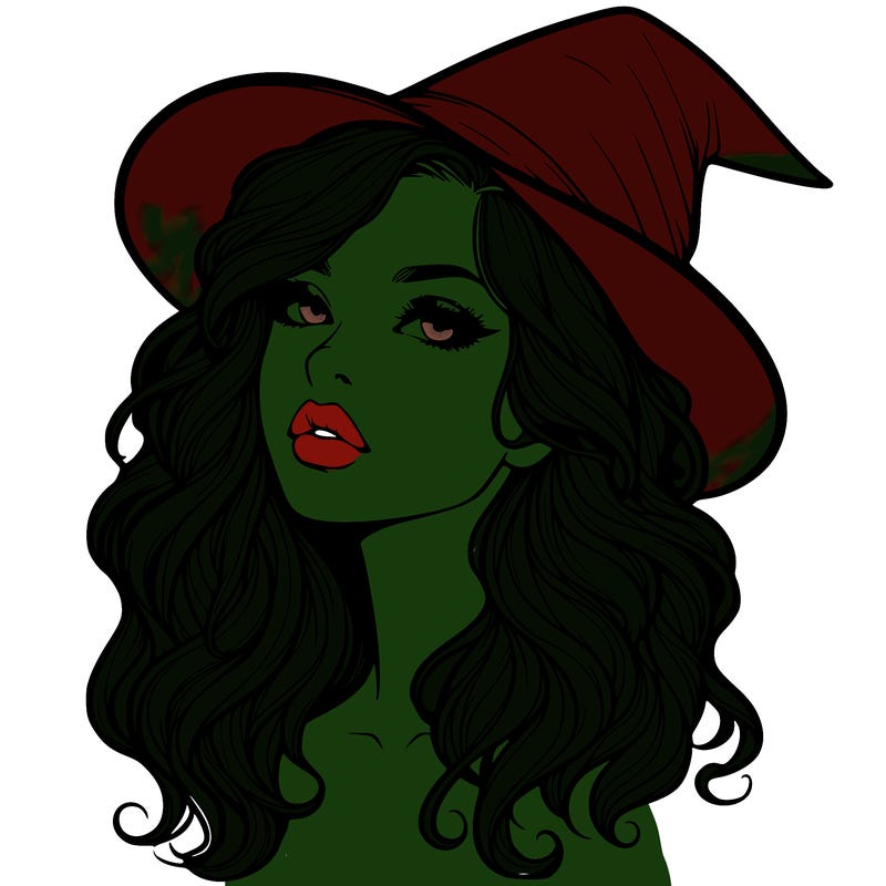 realistic witch girl with wavy hair and lips