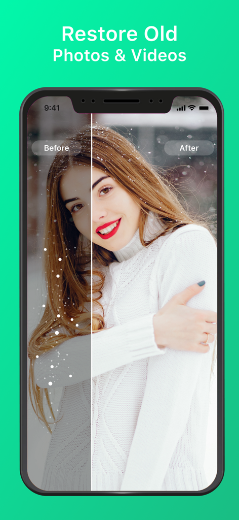 Video Recovery, Recover Photos - Before and after comparison of a photo being restored from grainy to clear using the video recovery app