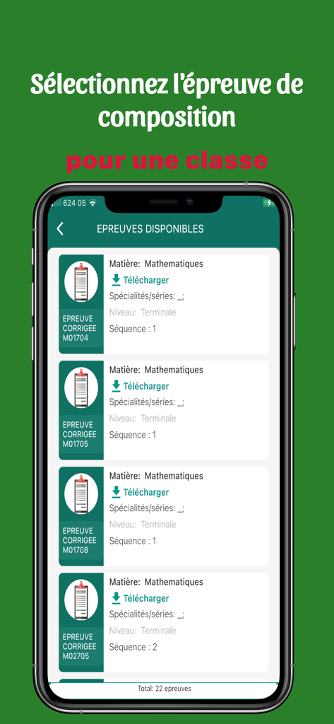 Hazon School app screen displaying a selection of math exams for Terminale students