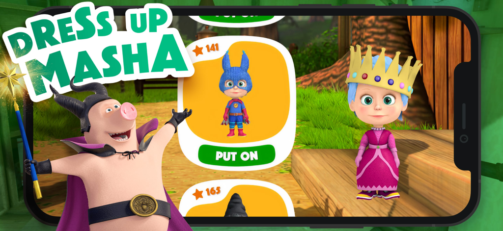 Masha and the Bear: Cook food - Masha vestida de princesa y Rosie la Cerda con una capa dentro del menú de personalización de personajes del juego.