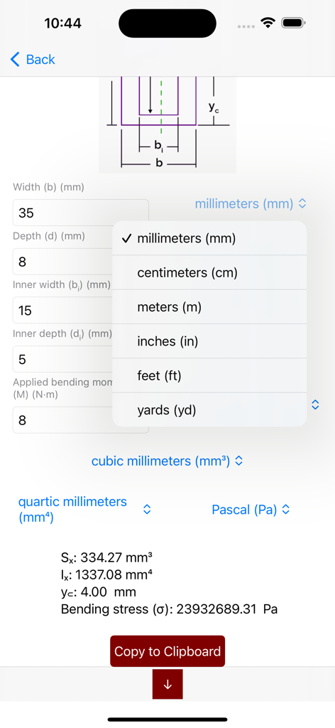 Beam Stress Calculator Beamer - A screenshot of the Beam Stress Calculator app showing the measurement unit selection menu and structural engineering calculation results