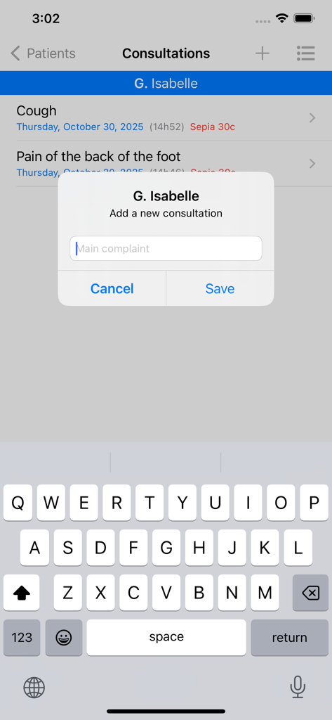 Ein Screenshot der Boger-Homöopathie-App, der die Benutzeroberfläche zum Hinzufügen einer neuen Patientenanamnese zeigt.