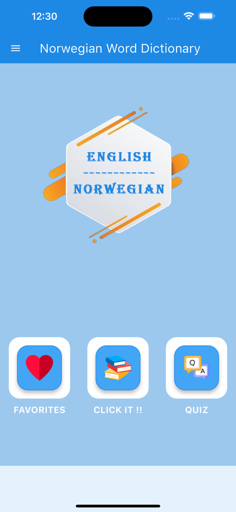 Norwegian Word Dictionary - Home screen of the Norwegian Word Dictionary mobile app showing menu icons for favorites and quizzes