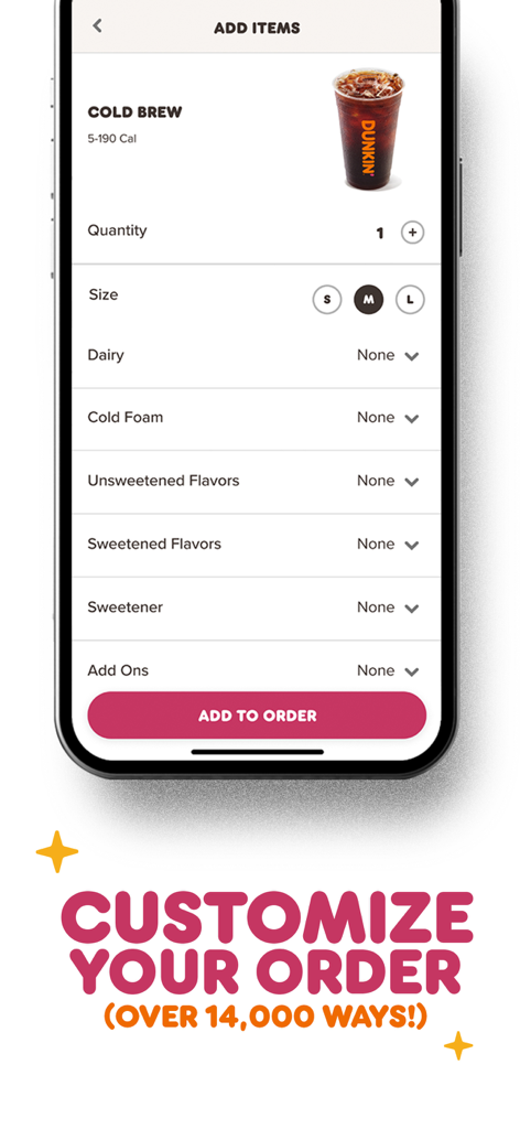 Interfaz de la aplicación Dunkin' que muestra las opciones de personalización para un pedido de café cold brew.