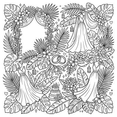 Immerse yourself in the beauty of a destination wedding with this captivating coloring page. Featuring elegant gowns, delicate rings, and lush tropical foliage, it's a perfect blend of romance and natural splendor.
