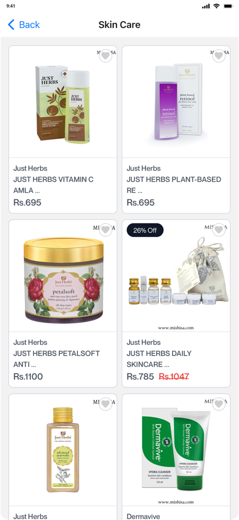 A mobile app screen displaying a variety of skincare products from the Just Herbs and Dermavive brands with prices and discounts